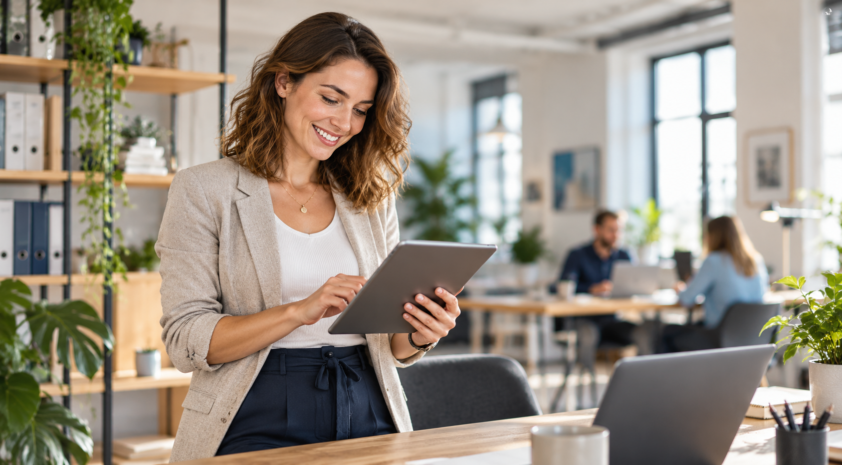 Unternehmerin arbeitet mit Docelix auf einem Tablet in einem modernen Büro