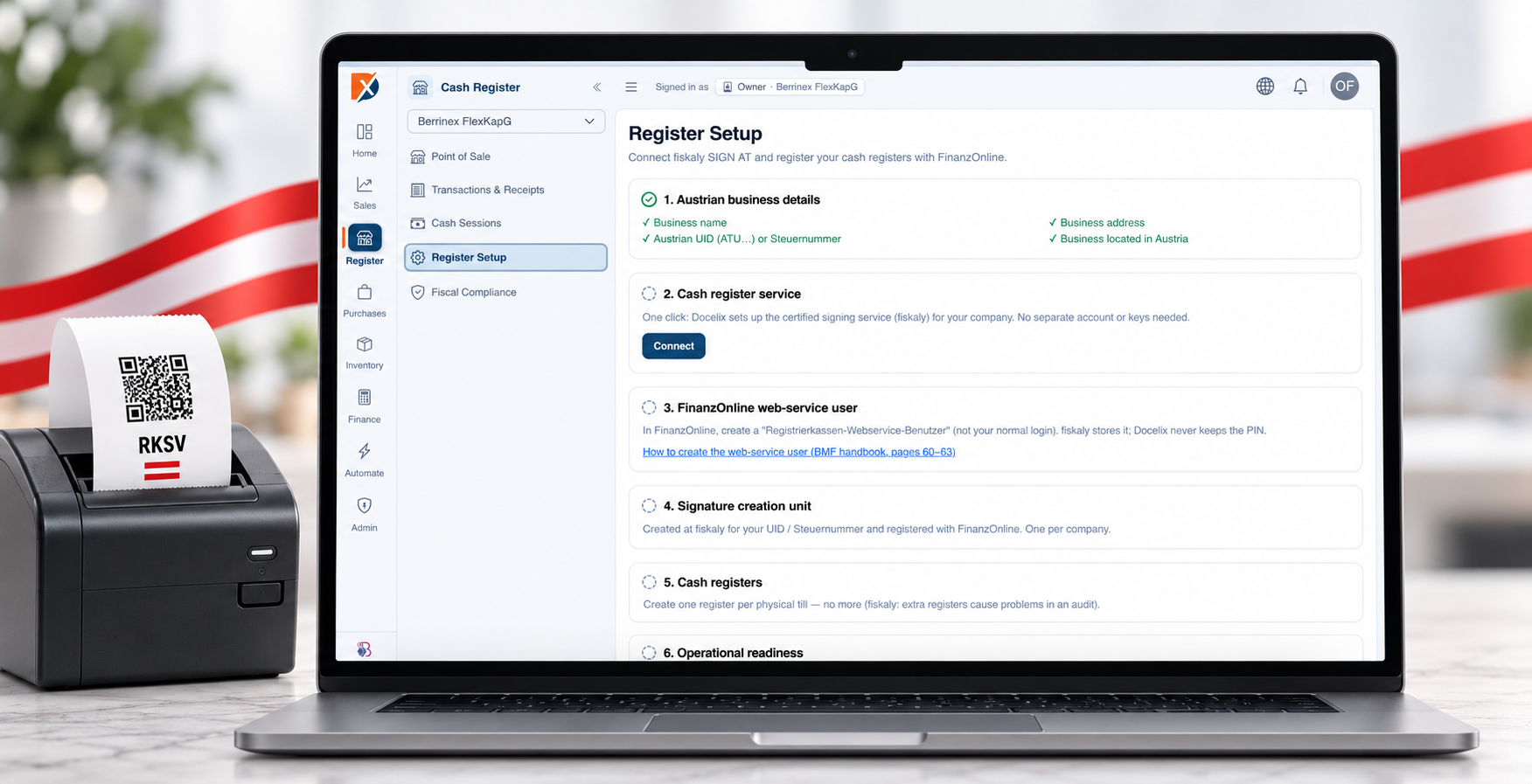 Docelix cash-register setup with an RKSV receipt printer and Austrian design