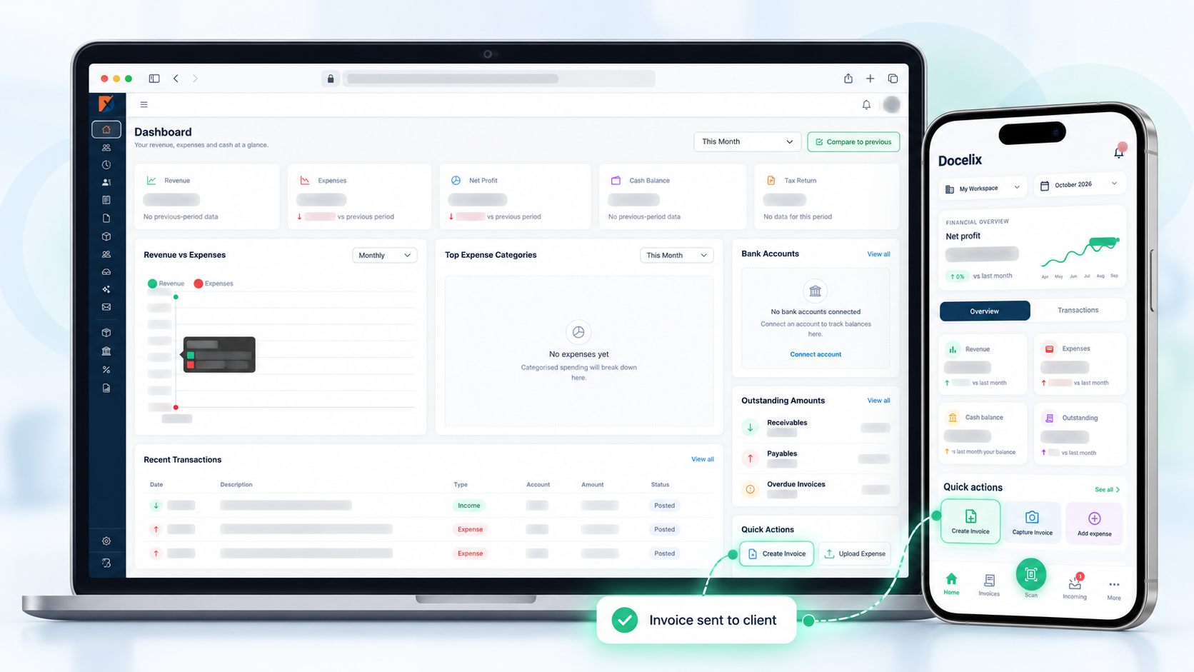 Docelix Finanz-Dashboard auf Laptop und mobile Produktvorschau mit synthetischen Daten